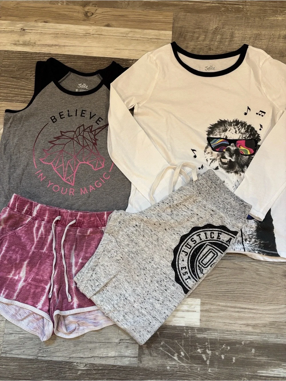 Justice Bundle long sleeves graphic, gray top, shorts and sweatpants